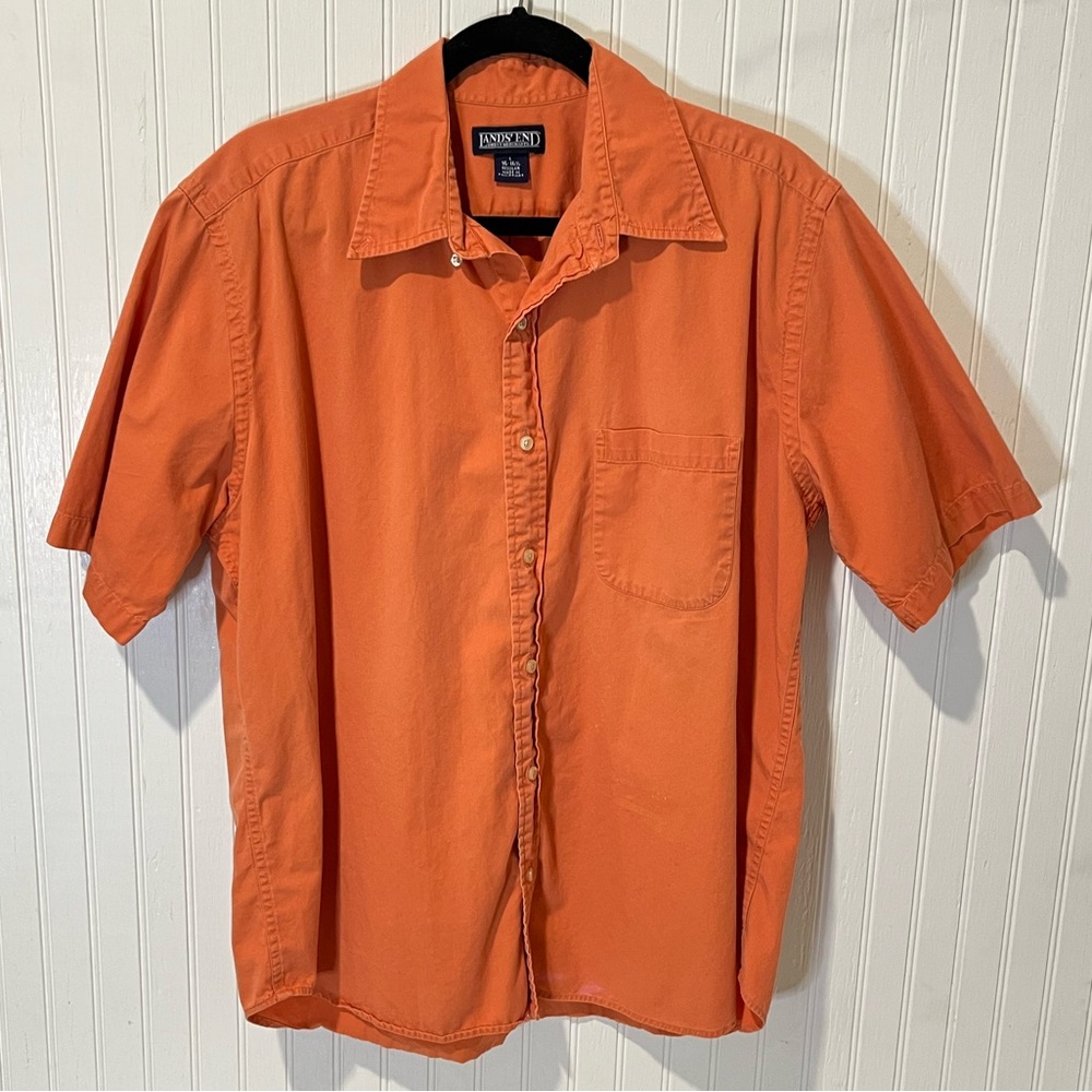 Lands End Shirt Mens Large 16-16 1/2 Orange Short Sleeve Button Down